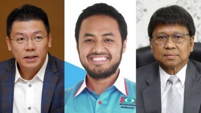 左起为霹雳州行动党州主席倪可敏、公正党霹雳州主席法哈兹，以及诚信党霹州主席拿督阿斯慕尼。