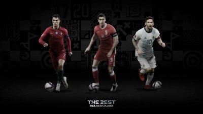 国际足联公布入围2020年度最佳球员的最终三名候选人：C.罗纳多（左起）、莱万多夫斯基和梅西。