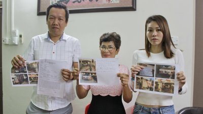 黄文标（左起）陪同2位事主罗拉和潘子倩召开记者会澄清，借债事宜与她们无关。