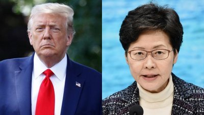 据报白宫已制定制裁中国官员的名单，包括香港特首林郑月娥（右），但特朗普不想与北京的紧张关系进一步升级，决定暂不公布实施。