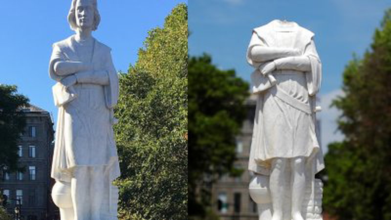 波士顿市中心一座航海探险家哥伦布雕像被斩首。