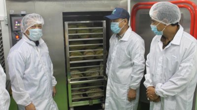 阿都尤努斯（左2）等人参观冷梿厂房，了解带壳榴梿推入冷冻箱进行冷冻过程。

