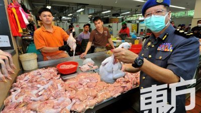 陈进松于周四下午率领贸消局执法员到峇都兰樟巴刹突检鸡肉价格，发现每公斤鸡肉售价介于10令吉至11令吉。（摄影：蔡开国）