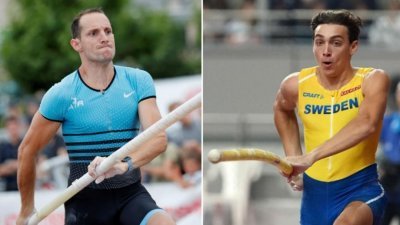 法国选手伦敦奥运金牌得主拉维涅（左）和瑞典选手世界纪录保持者杜普兰蒂斯，在世界花园撑杆跳争霸战中共享冠军。