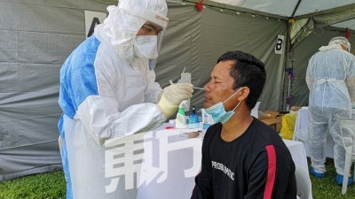 医护人员为前来进行检测的外劳工友提取唾液，并送往化验室检验。