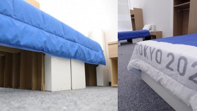 在东京奥运会奥运村、残奥会残奥村使用的床、桌子、衣柜等家具亮相，其中床腿是用纸板做的。