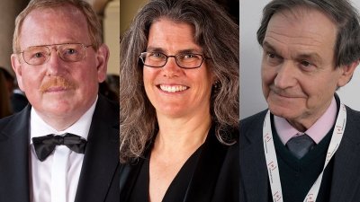 2020年诺贝尔奖6日颁发物理学奖，由学者根策尔（左）、盖兹（中）及彭罗斯（右）共享殊荣。