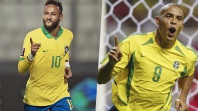 内马尔对秘鲁上演帽子戏法，巴西国家队队史进球超越“外星人”罗纳多（右图），跻身第二。