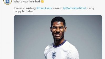 英格兰国家队官方推特周六发文，祝贺拉什福德23岁生日快乐。
