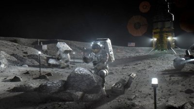 美国太空总署表示，得耗费约280亿美元，于2024年将太空人送上月球。这是太空人在月球上进行开采作业的模拟图。