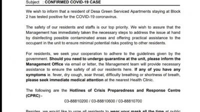 Desa Green公寓管理层发文告，证实一名住户患上新冠肺炎。
