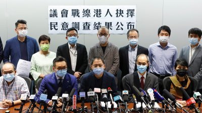 民主党主席胡志伟（前排左3）周二率领泛民主派议员，与香港民意研究所主席兼行政总裁锺庭耀（前排右3）一同召开记者会，公布民调结果。（图取自路透社）