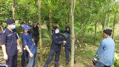 苏丽娜（右2）于周三率领警队到马打亚也垦殖区砍除哥冬树。