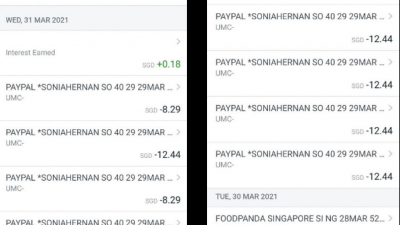 一名自称为SONIAHERNAN的用户在3月31日通过PayPal，从受害者的银行户头转走将近100新元（约300令吉）。图取自面子书