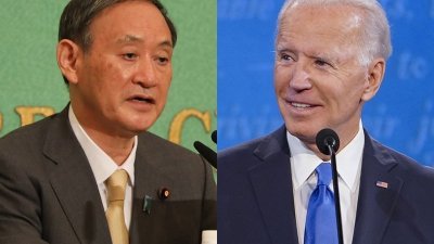 日本首相菅义伟（左）与美国总统拜登（右）将于美国时间4月16日在白宫会谈，双方希望达成协议来扩大国外基础建设合作计画。（图取自中央社）