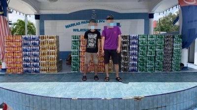 水警起获价值12万令吉的各品牌走私啤酒，逮捕两名青年助查。