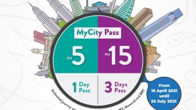 国家基建公司宣布，“My City”1天和3天无限乘搭有轨公交通行配套将推出为期3个月的优惠价，1天配套只需5令吉，3天配套只需15令吉。
