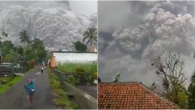 印尼塞梅鲁火山时隔近1年后再度喷发，直冲天际的浓烟和火山灰让当地陷入黑暗，并造成1人死亡与41人受伤。（图截自视频）