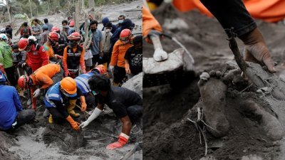 军人、警察和居民徒手挖泥抢救被埋的村民，多具遗体被挖出，场面令人伤感。（图取自路透社）
