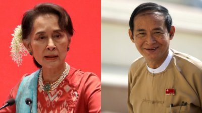 缅甸法院裁定前国务资政昂山淑姬（左）和前总统温敏（右）煽动罪和违反防疫规定罪名成立，判处两人各4年监禁。（图取自路透社/法新社）