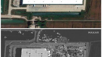 卫星图像显示伊利诺伊州爱德华兹维尔的亚马逊仓库遭龙卷风吹袭前和之后的对比图。（图取自Maxar Technologies/路透社）
