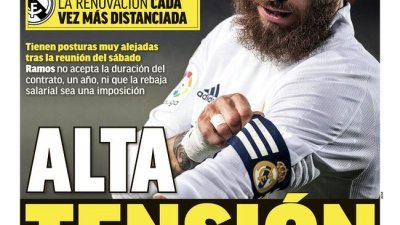 最新的西班牙《马卡报》在封面头条打出“高度紧张”的标题，以此形容拉莫斯和皇马的续约谈判陷入僵局。