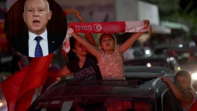 突尼斯总统赛义德（小图）宣布解除总理迈希希的职务，并暂停国会活动后，大批民众上街庆祝。(图取自法新社)