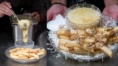 搭配薯条食用的乾酪白汁，也加入了松露。（左图）；右图是在美国纽约曼哈顿上东区Serendipity 3餐厅，售卖200美元的法式奶油苹果薯条。（图取自路透社）