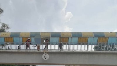 一名52岁女子爬出人行天桥护栏，试图从天桥上跃下轻生，图为消拯人员试图劝服该名女子。