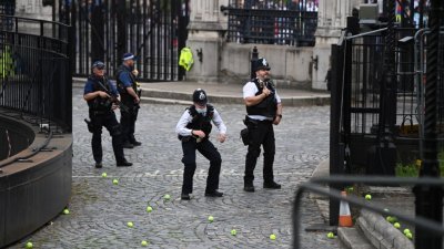 在伦敦的国会大楼外，一名警察躲避抗议者向他们投掷的网球。（图取自法新社）