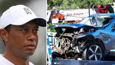 高球巨星“老虎”伍兹（左）接受车祸调查时，表示自己不记得有开过车。