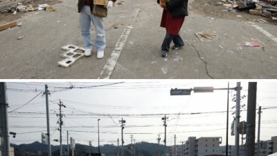 2011年3月22日，大地震发生后，在宫城县气仙沼市被毁的住宅区，有人在被海浪冲上岸的拖网渔船前分发食物予灾民（上图）。10年后的同一地区，重建工程已经完成，当地恢复基本设施（下图）。