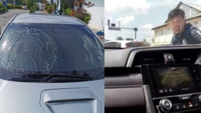 轿车挡风玻璃遭摩哆骑士用头盔砸破。