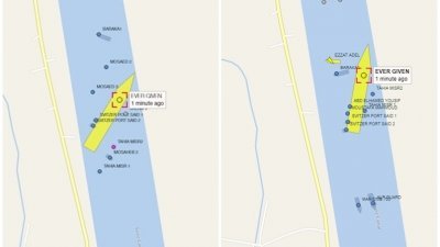 长荣海运货柜轮长赐轮搁浅埃及苏伊士运河6天，28日已部分脱浅。图左为23日画面，图右为28日。（图取自Vessel Finder网页）