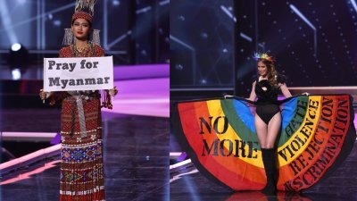 缅甸环球小姐杜兹温琳（左）上周四在舞台走秀时，展开写有“为缅甸祈祷”的标语，吸引全球关注缅甸政变。乌拉圭环球小姐Lola De Los Santos（右）则将彩虹旗融入黑色晚礼服，呼吁大家停止憎恨、暴力、否定和歧视。（GETTY IMAGES/法新社）