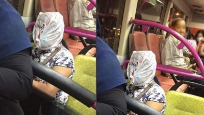 一名妇女头戴塑料袋搭巴士另有“内情”，她的身后坐著一名老翁并没有戴上口罩。妇女可能是出于担心才加上塑料袋“自我保护”。图取自ROADS.sg