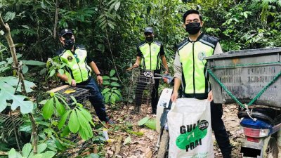 森林局执法组在冕登希洲森林保护区上霹雳区域，发现2辆摩哆、2个动物陷阱、一袋木钉及一把刀子，进行揭发非法伐木和狩猎活动。（当局提供）