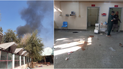 从远方拍摄军事医院爆炸现场冒出的浓烟。（右图）在发生爆炸后，医护人员和塔利班战士走进儿童部查看。（图取自路透社）