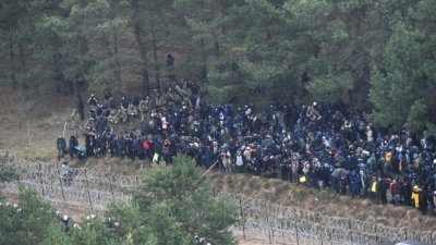大批难民聚集在与波兰接壤的白罗斯一侧。（图取自波兰国防部/路透社）