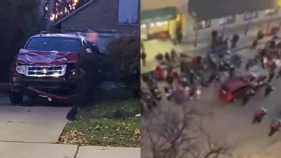 警方寻获一辆车头凹陷的红色运动休旅车（左，图取自Eric DUNST /法新社），据信就是在圣诞巡游活动期间有汽车撞向人群的车辆（右，图截取自推特视频）。