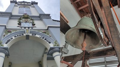 左为浮罗山背天主教堂外观，右为具有百年以上历史的大钟。

