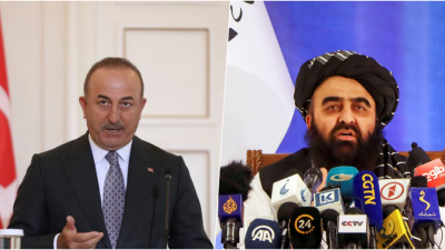 阿富汗塔利班政府代理外交部长穆塔奇（右）率团前往安卡拉，与土耳其外长卡夫索格鲁（左）展开会谈。
