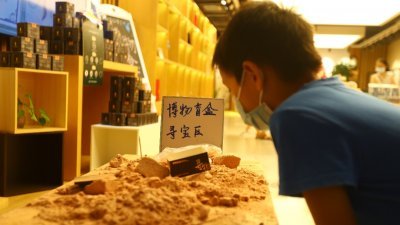 近段时间以来，考古盲盒于中国逐渐风靡，吸引年轻一代。他们透过模拟真实的考古发掘环境，“沉浸式”体验中国古老厚重的历史文化。图为8月28日，在中国江西省博物馆天工坊，一名小男孩端详著已拆解完毕的“考古盲盒”现场。（图取自中新社）