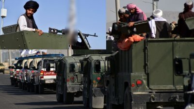 塔利班开著军用车辆在高速公路上进行“大阅兵”。武装人员或乘坐或站在车上，以一路长纵队行驶，多数车上插着黑白相间的塔利班旗帜。（图取自法新社）
