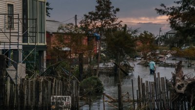 飓风“艾达”于上周日登陆美国路易斯安那州后造成严重灾情，图为吉恩拉菲特社区被洪水淹浸，一名居民在洪水中穿过后院向外求救。（图取自法新社）