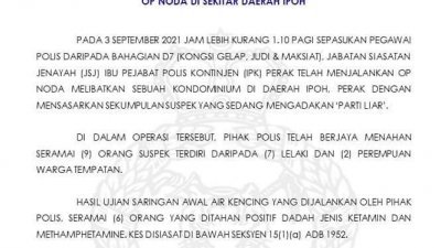 霹雳州总警长米尔法立达拉发文告，宣布警方捕获9名参加“狂野派对”的男女，包括2名公务员。