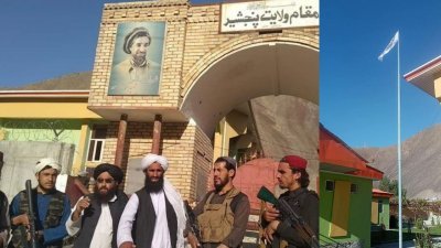 社交媒体有照片显示，塔利班武装分子攻占潘杰希尔省首府巴扎拉克，并在省长办公室外升起塔利班旗帜（小图）。-社交媒体/路透社-