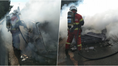 消拯人员将火势扑灭，失火轿车几乎完全烧毁。（柔消拯局提供）