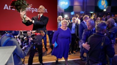 挪威首相兼执政党保守党主席索尔贝格（大图中）承认在国会选举中败选，并祝贺工党主席斯特勒。（图取自法新社、挪威通讯社/路透社）