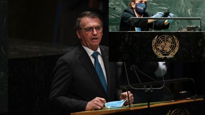 巴西总统博索纳罗当地时间周二，在第76届联合国大会上发言。小图为联合国工作人员在博索纳罗发言后更换麦克风套。（图取自法新社）